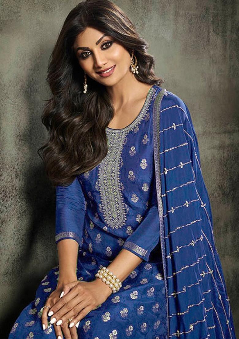 Blue Embroidered Jacquard Silk Kurta Set - Indya