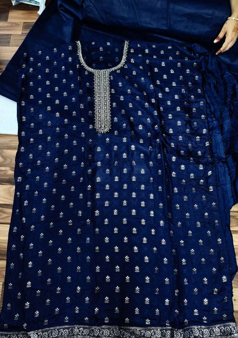 Blue Jacquard Jacquard Straight Kurta Set - Indya
