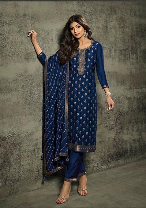 Blue Embroidered Jacquard Silk Kurta Set