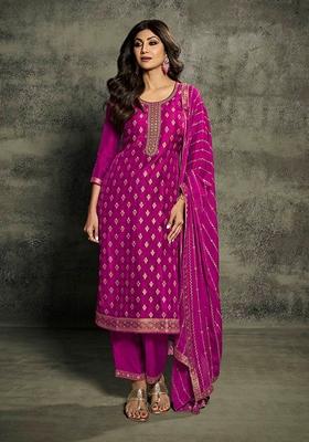 Purple Embroidered Jacquard Silk Kurta Set