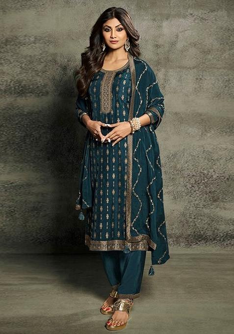 Rama Blue Embroidered Jacquard Silk Kurta Set