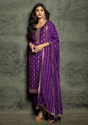 Violet Embroidered Jacquard Silk Kurta Set