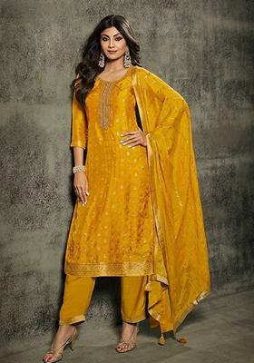 Yellow Embroidered Jacquard Silk Kurta Set