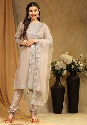 Beige Embroidered Faux Georgette Kurta Set