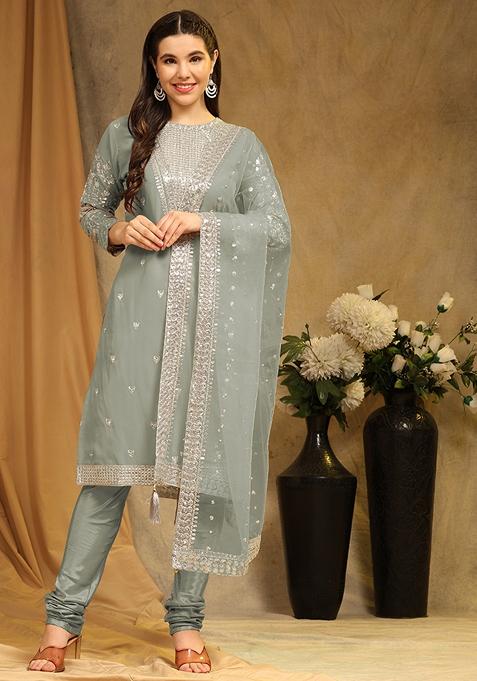 Grey Embroidered Faux Georgette Kurta Set