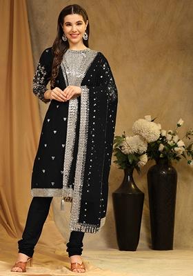 Black Embroidered Faux Georgette Kurta Set