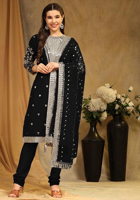 Black Embroidered Faux Georgette Kurta Set