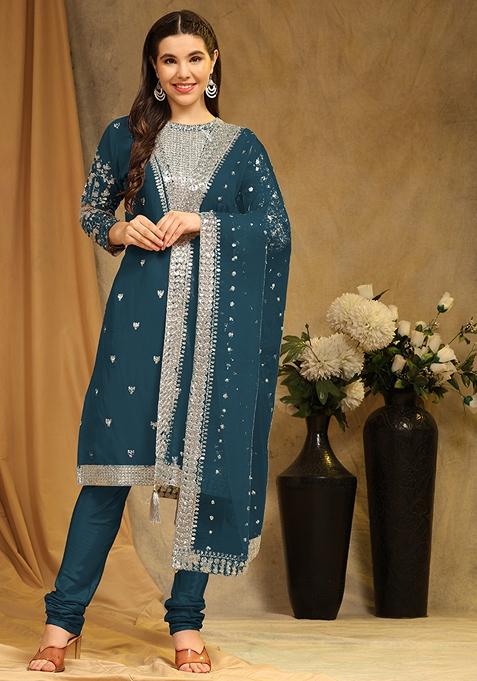 Teal Blue Embroidered Faux Georgette Kurta Set