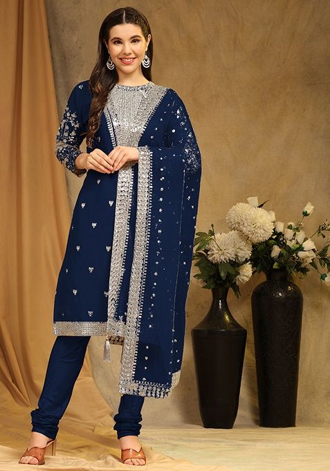 Blue Embroidered Faux Georgette Kurta Set