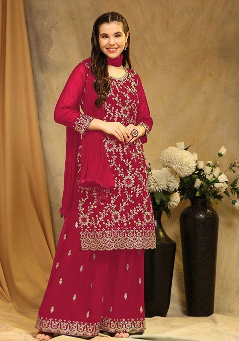 Maroon Embroidered Georgette Kurta Set