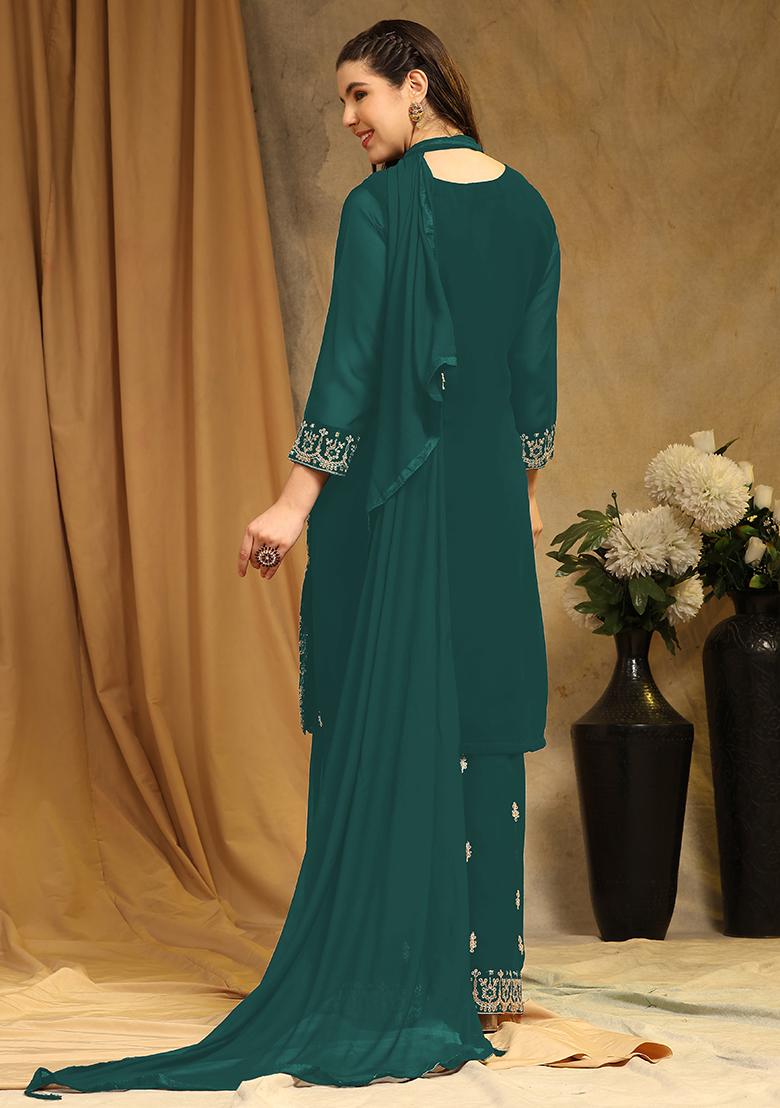 Aqua Blue Embroidered Georgette Kurta Set