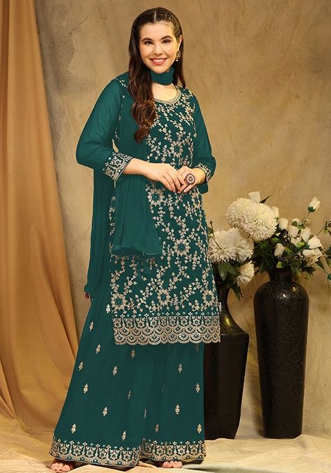 Aqua Blue Embroidered Georgette Kurta Set