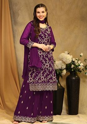 Purple Embroidered Georgette Kurta Set