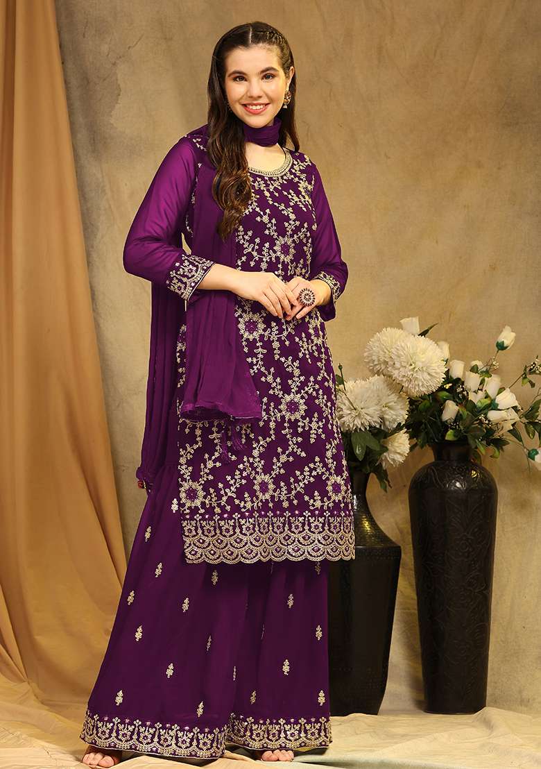 Purple Embroidered Georgette Kurta Set - Indya