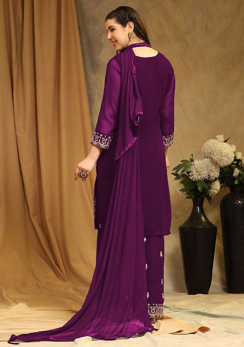 Purple Embroidered Georgette Kurta Set - Indya