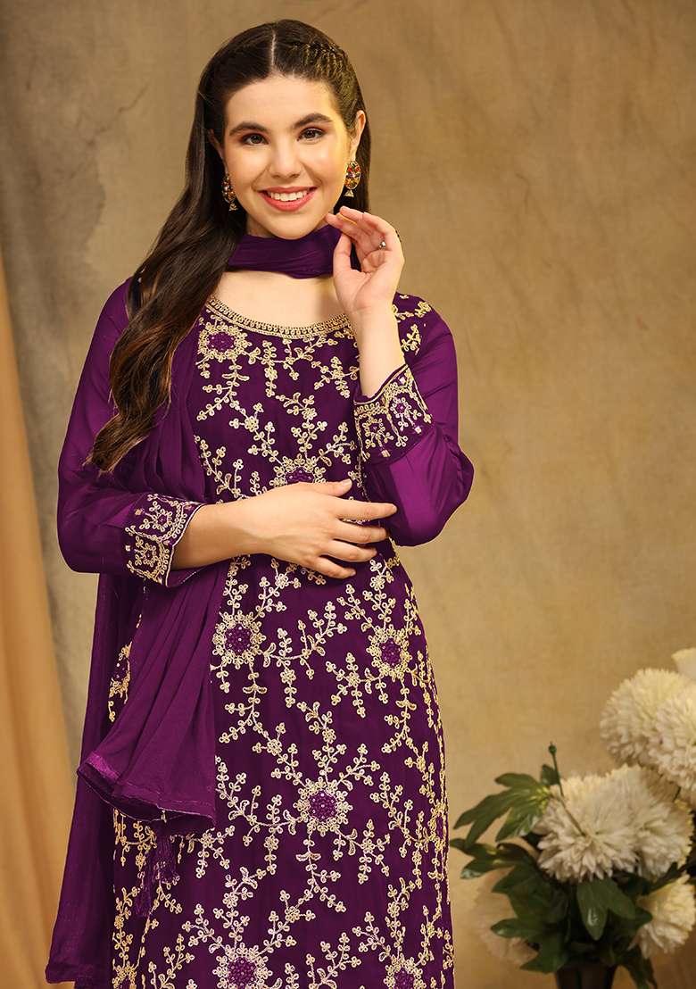 Purple Embroidered Georgette Kurta Set - Indya