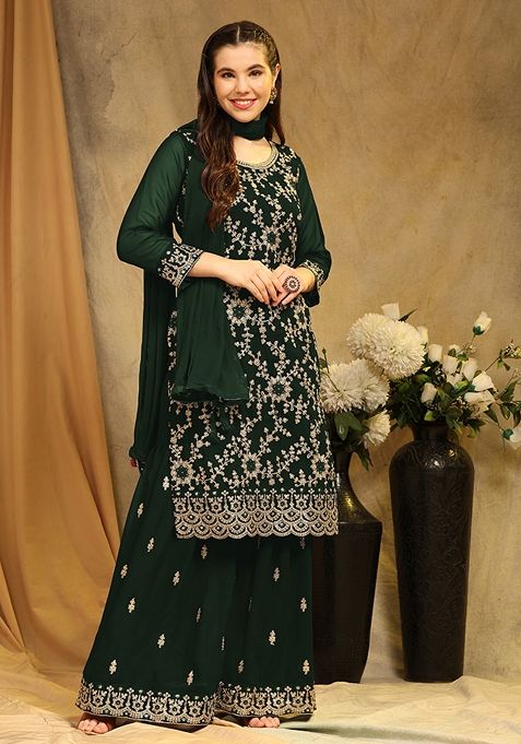 Green Embroidered Georgette Kurta Set