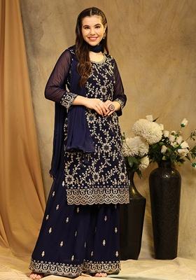 Blue Embroidered Georgette Kurta Set