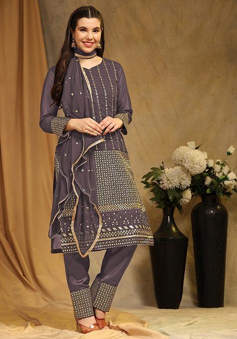 Dark Grey Embroidered Faux Georgette Kurta Set