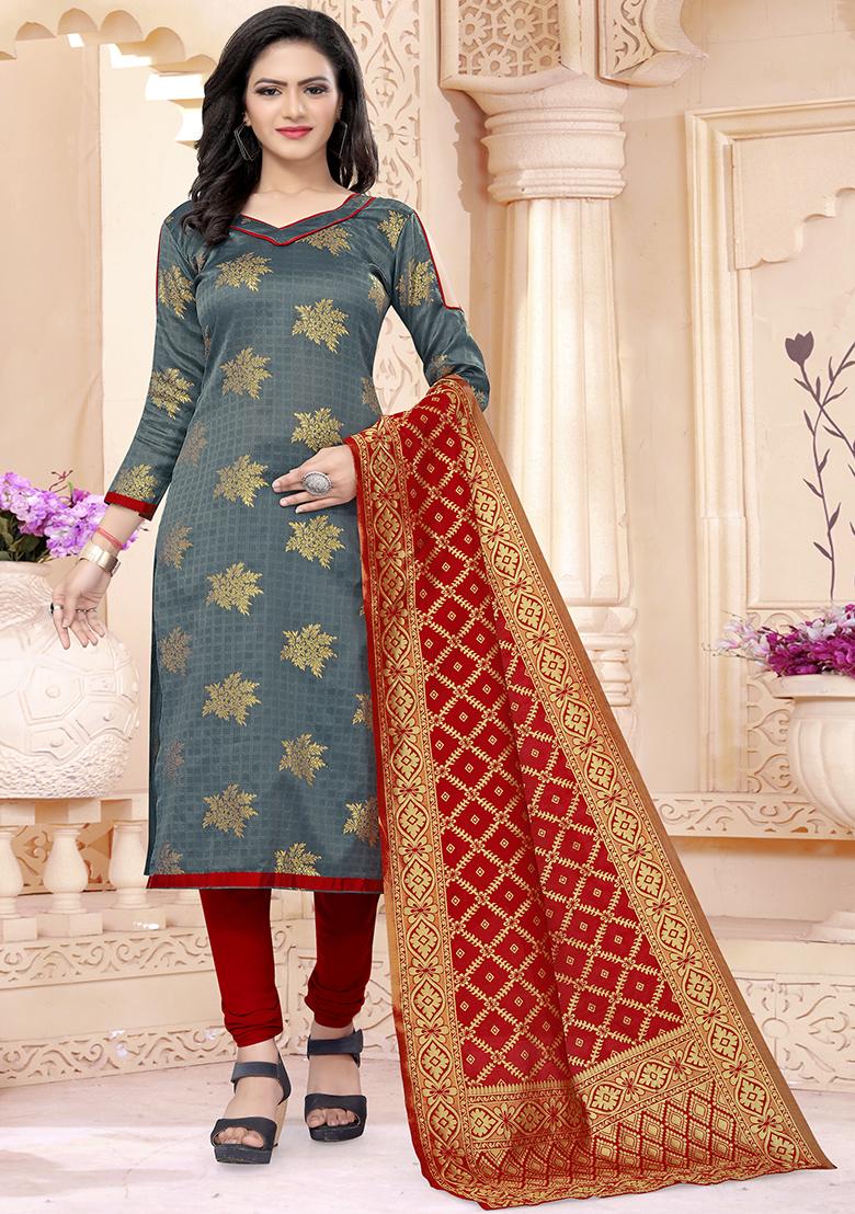 Grey Woven Banarasi Silk Kurta Set - Indya