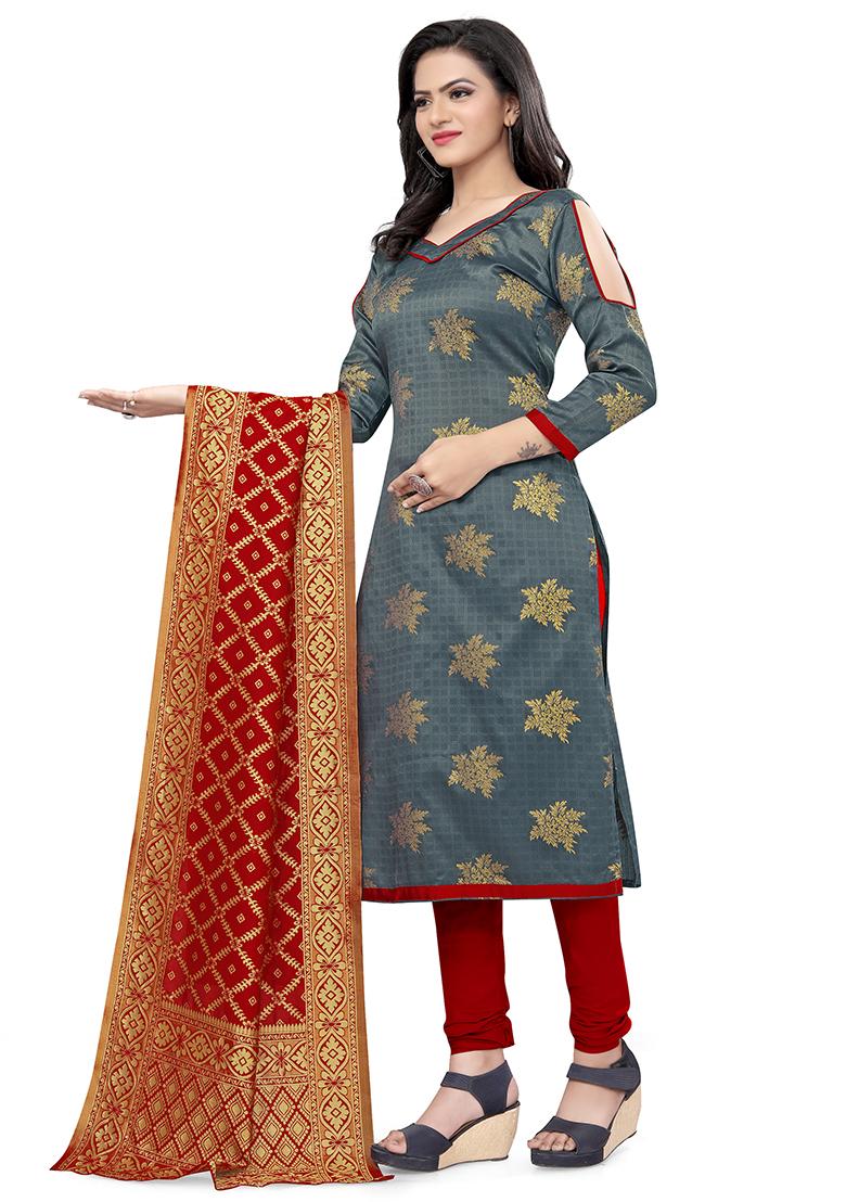 Grey Woven Banarasi Silk Kurta Set - Indya