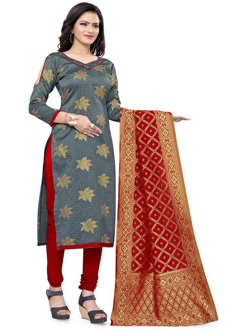 Grey Woven Banarasi Silk Kurta Set - Indya