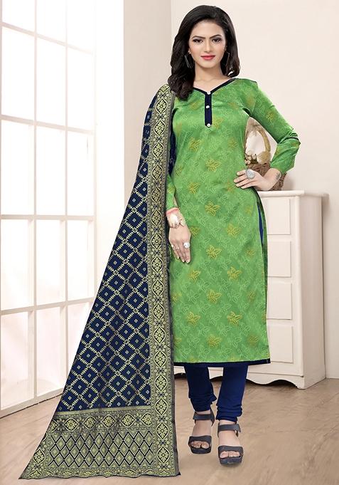 Parrot Green Woven Banarasi Silk Kurta Set