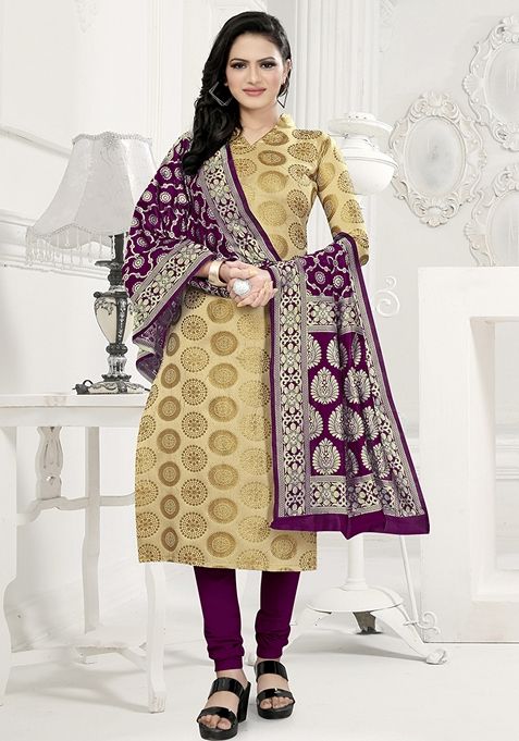 Beige Woven Banarasi Silk Kurta Set