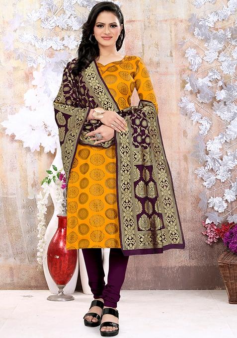 Yellow Woven Banarasi Silk Kurta Set