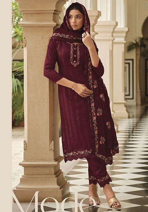 Maroon Thread Embroidered Chinon Kurta Set