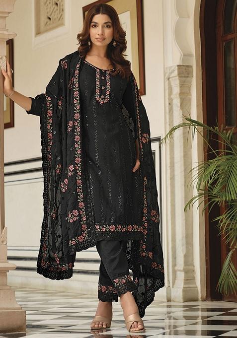 Black Thread Embroidered Chinon Kurta Set