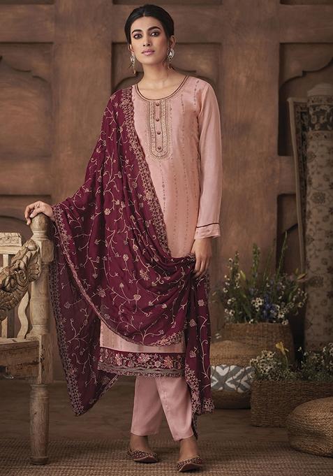 Peach Thread Embroidered Chinon Kurta Set