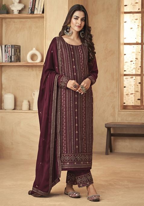 Maroon Embroidered Black Rangoli Kurta Set