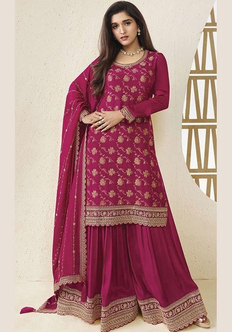 Pink Embroidered Viscose Chinon Kurta Set