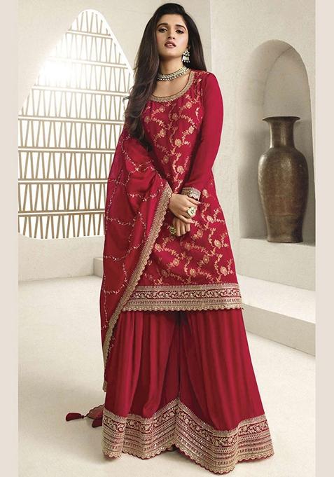 Red Embroidered Viscose Chinon Kurta Set