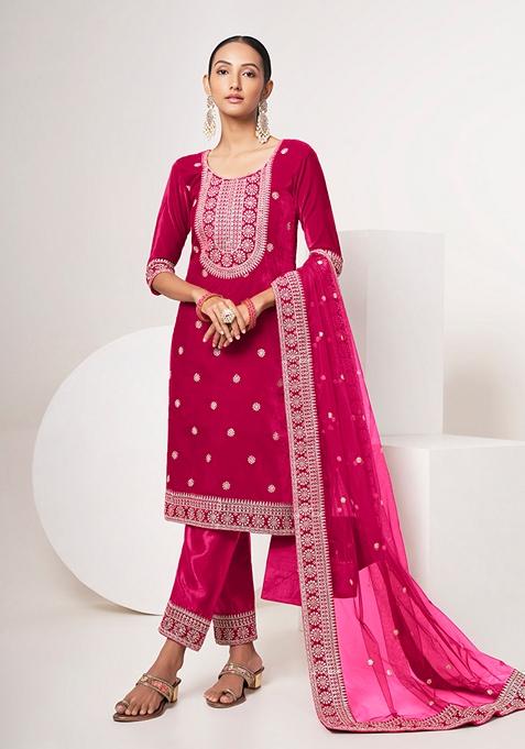 Pink Embroidered Velvet Kurta Set