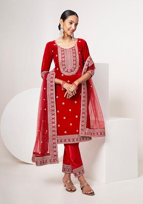 Red Embroidered Velvet Kurta Set