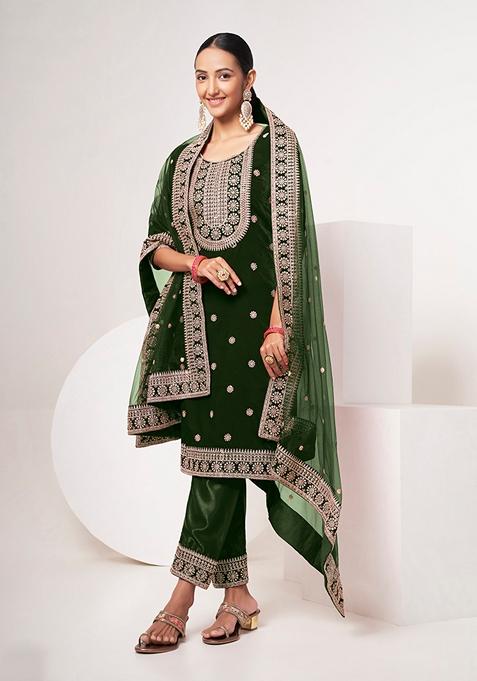 Green Embroidered Velvet Kurta Set