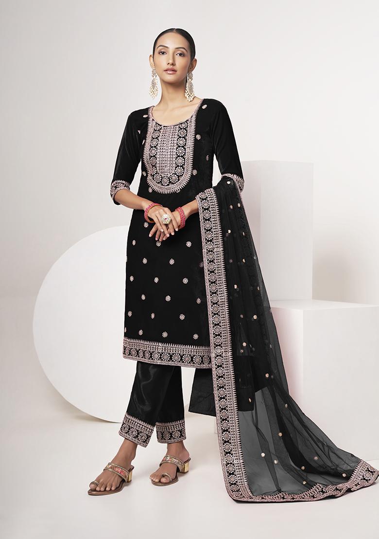 Black Embroidered Velvet Kurta Set