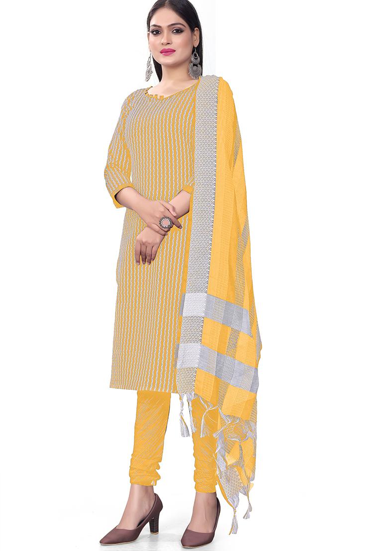 Yellow Woven Cotton Kurta Set