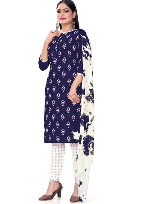 Blue Printed Cotton Slab Kurta Set