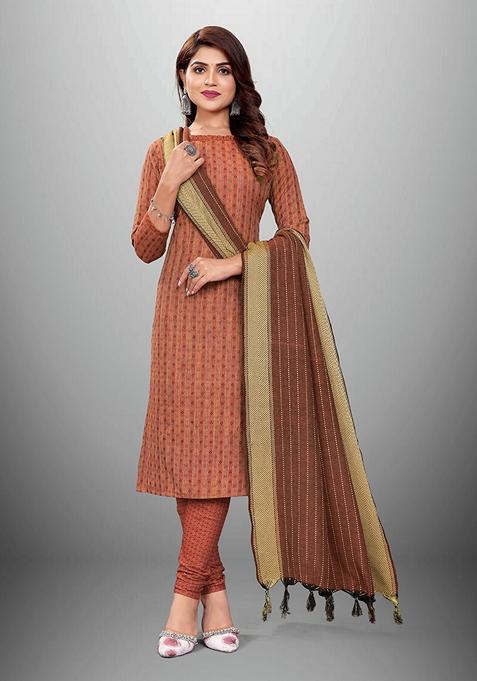 Brown Woven Cotton Kurta Set