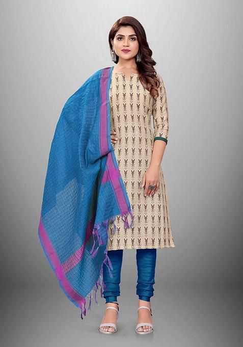 Beige Woven Cotton Kurta Set