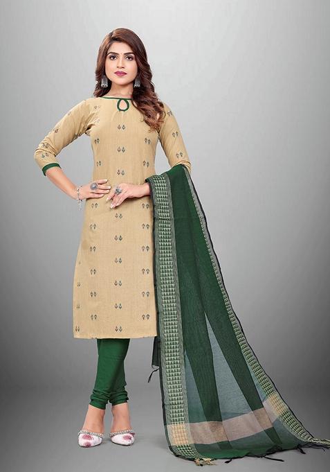 Beige Woven Cotton Kurta Set