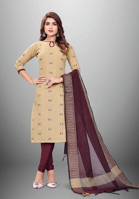 Beige Woven Cotton Kurta Set