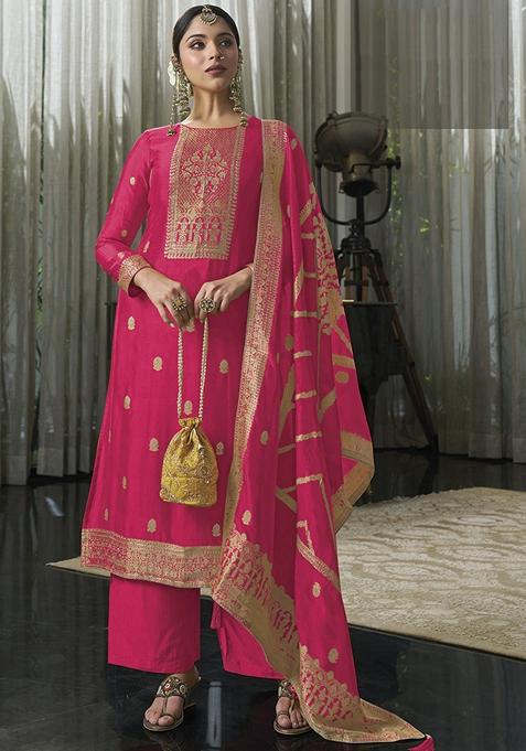 Pink Hand Embroidered Viscose Silk Kurta Set