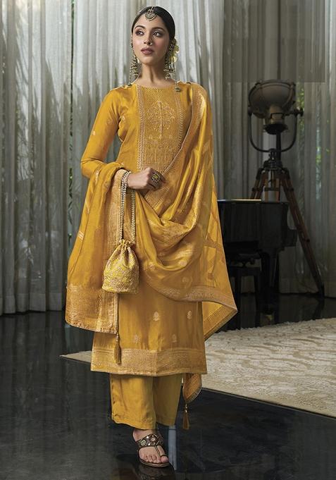 Yellow Hand Embroidered Viscose Silk Kurta Set