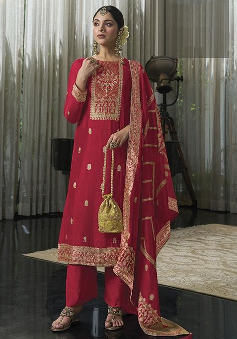 Red Hand Embroidered Viscose Silk Kurta Set