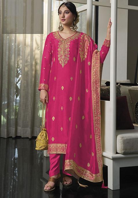 Pink Hand Embroidered Viscose Silk Kurta Set