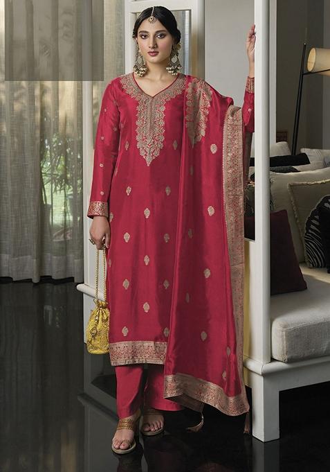 Red Hand Embroidered Viscose Silk Kurta Set